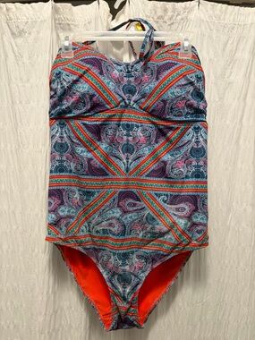Aqua La Vie en Rose Ladies Paisley Tank One-Piece Swimsuit - Blue, Teal & Orange